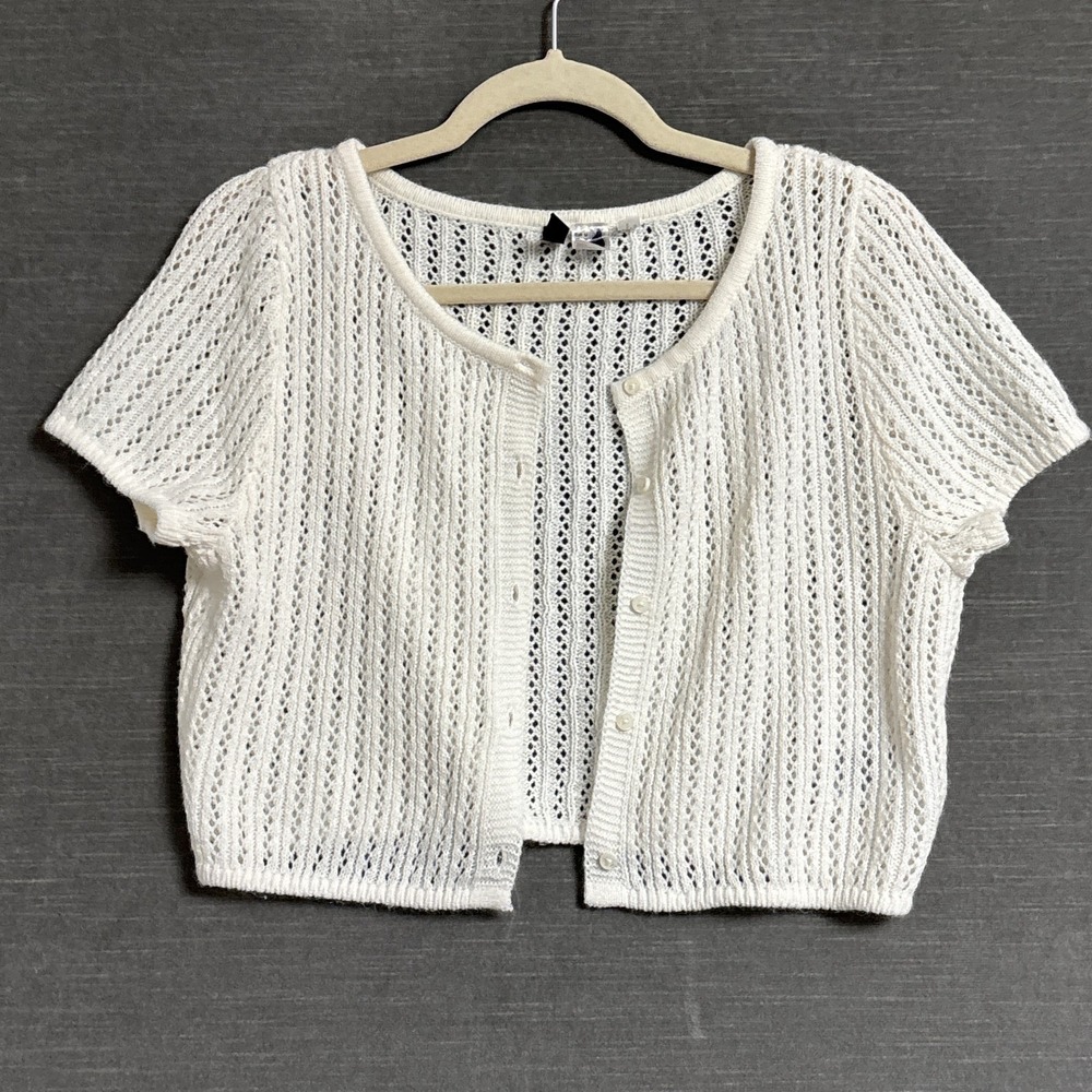 Divided Sweater Cardigan M Cream Open Knit Crochet Cropped Short Sleeve Boho